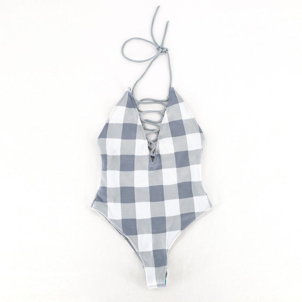 Tularosa Women French Gray Plaid Knit Tawney Halter One Piece Swimsuit Size S - Picture 2 of 8